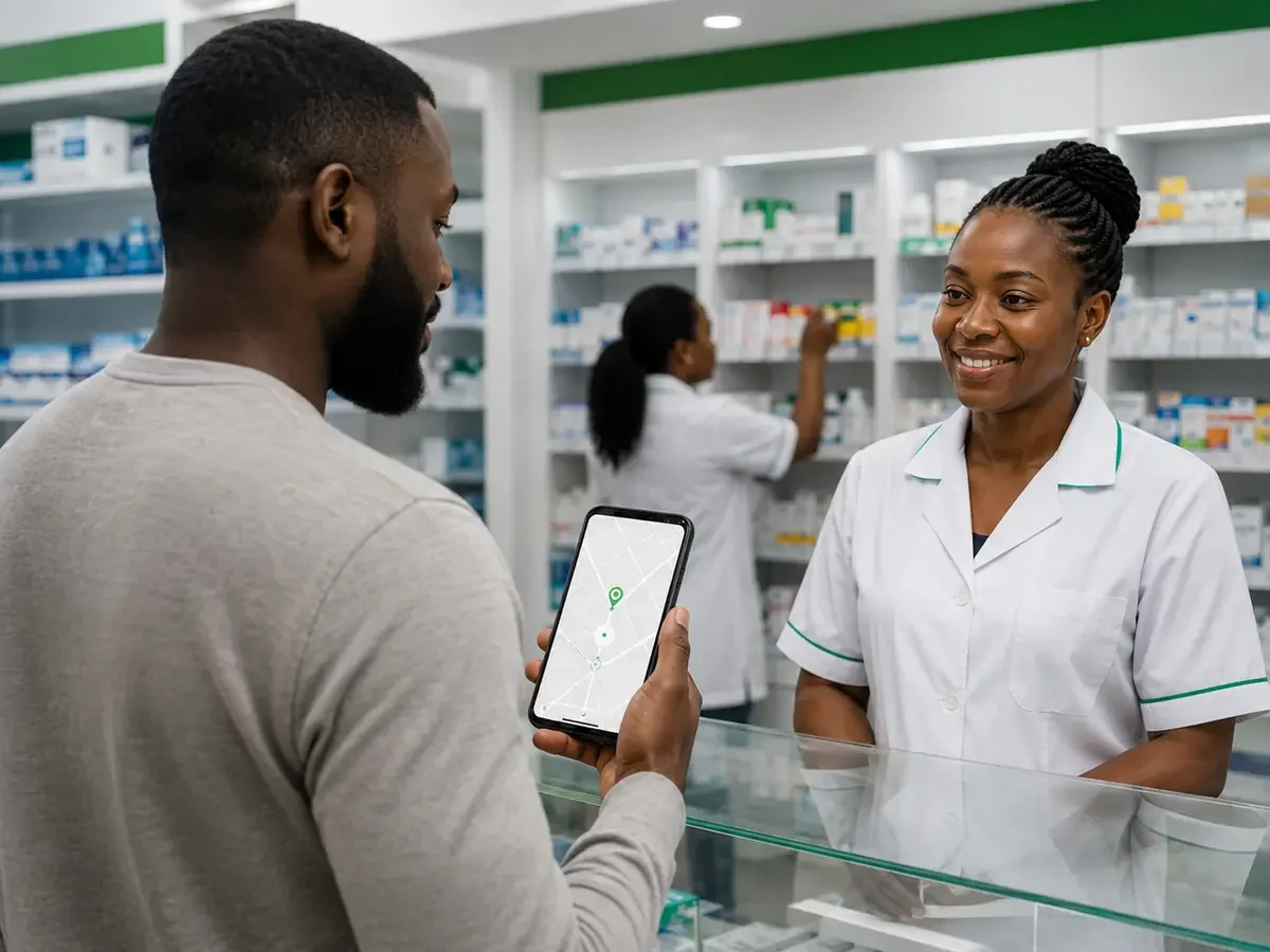 Pharmacienne accueillant un patient qui recherche les informations d’une pharmacie sur son téléphone