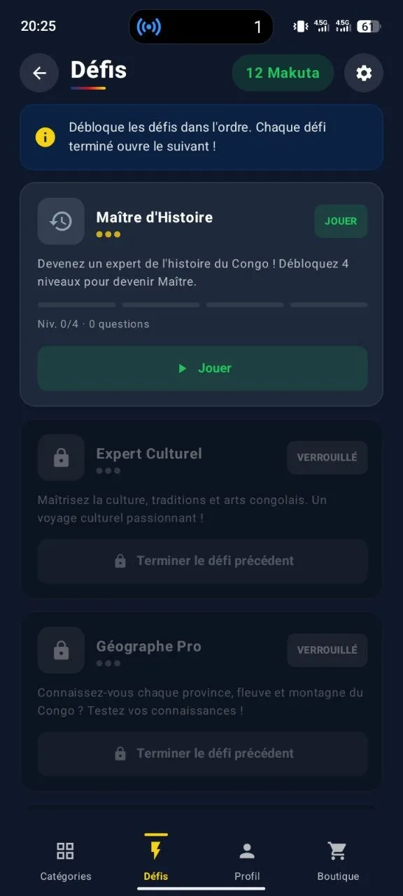 Écran des défis disponibles dans Congo Quiz