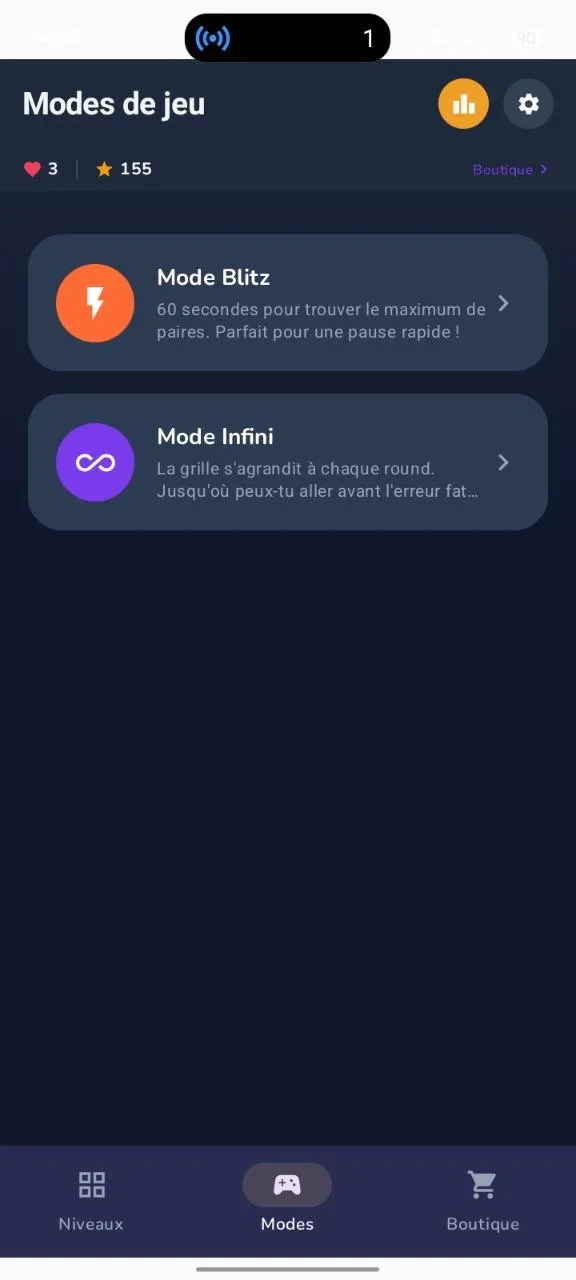 Sélection du mode de jeu dans Memolix