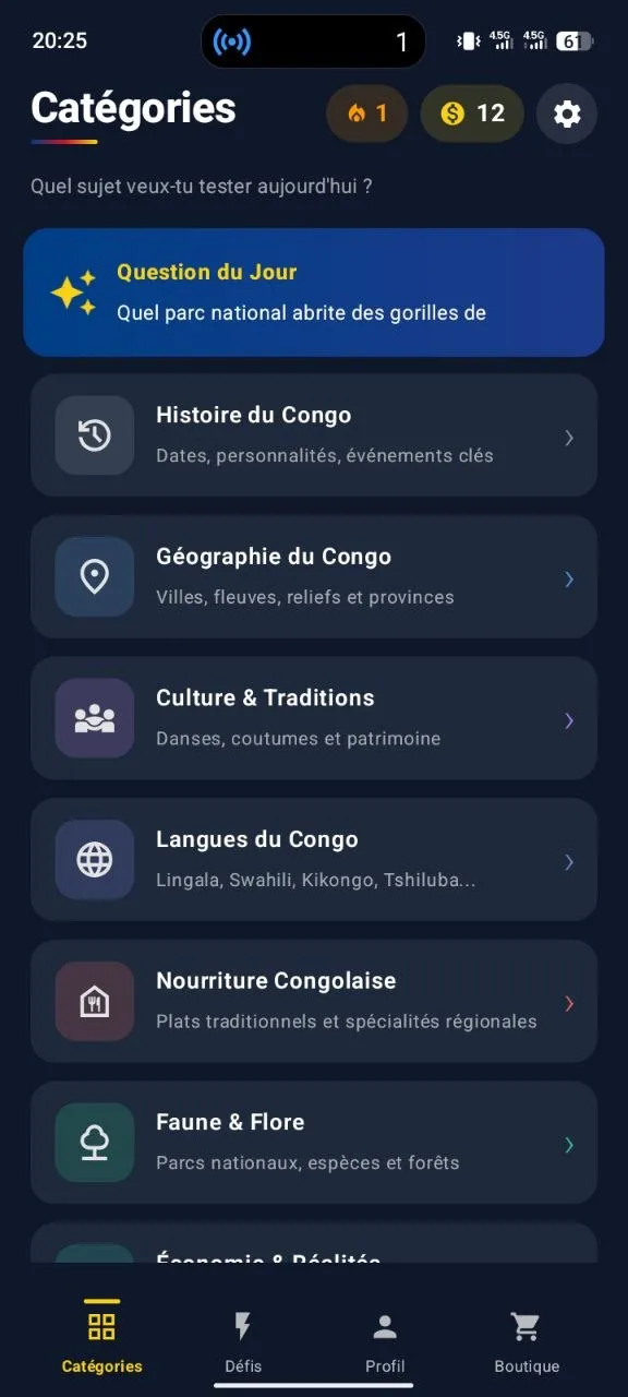 Écran d’accueil de l’application Congo Quiz
