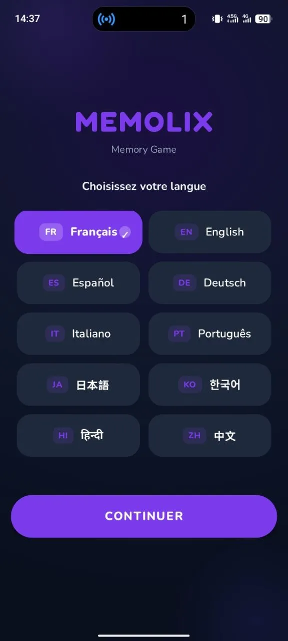 Écran d’accueil du jeu Memolix