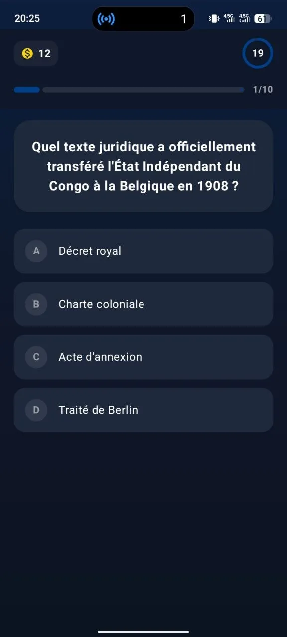Écran présentant une question dans Congo Quiz