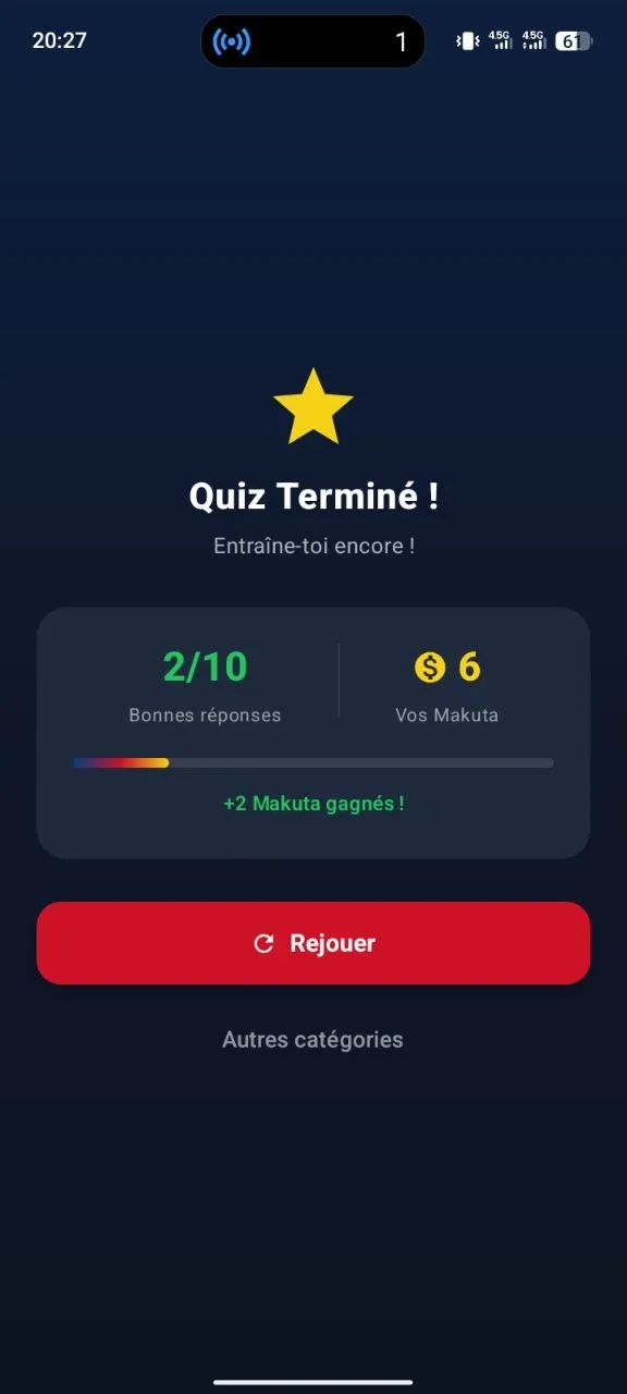 Écran de résultat après une partie de Congo Quiz