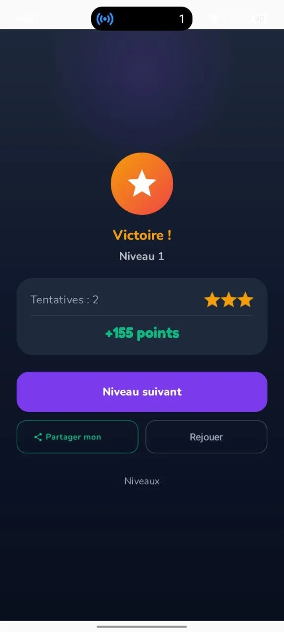 Écran de résultat après une partie de Memolix